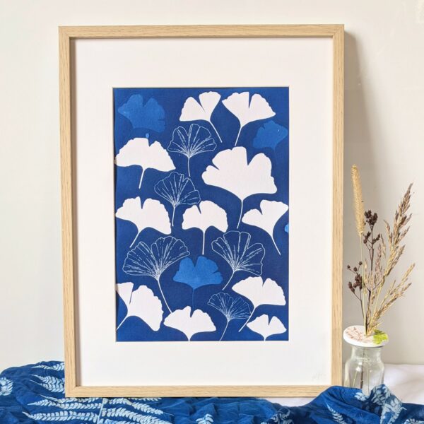 TABLEAU, CYANOTYPE, FEUILLE, GINGKO BILOBA, BLEU, DECO