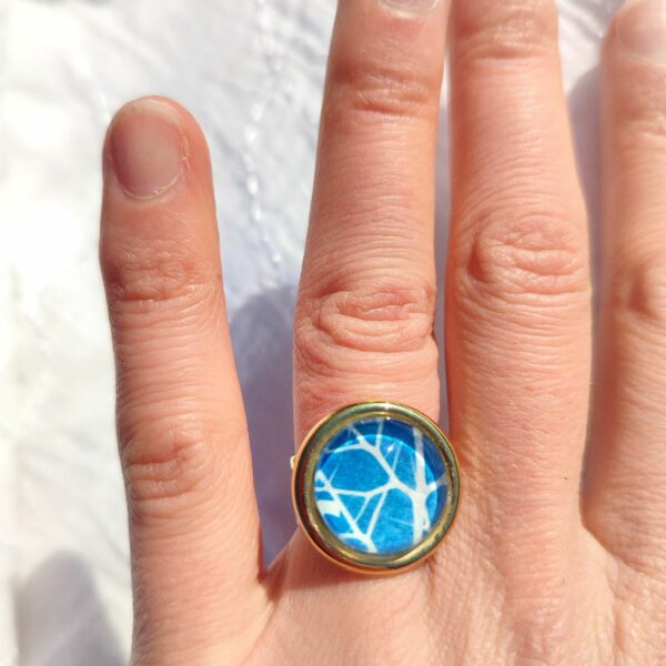 BAGUE DOREE OR FIN FEUILLE NIGELLE CYANOTYPE FAIT MAIN ARTISANAT