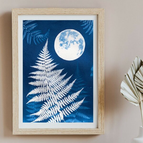 cyanotype, tableau, décoration intérieure, fougère, lune, bleu, unique