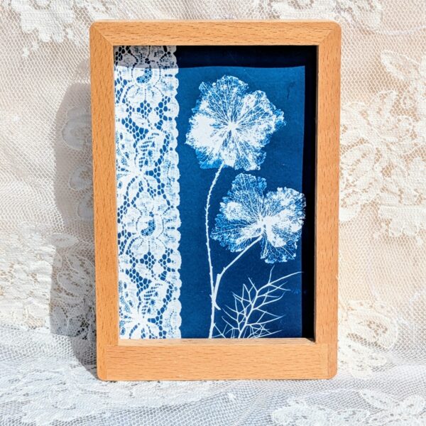 CADRE CYANOTYPE UNIQUE BLEU FEUILLE ET DENTELLE FRANCE