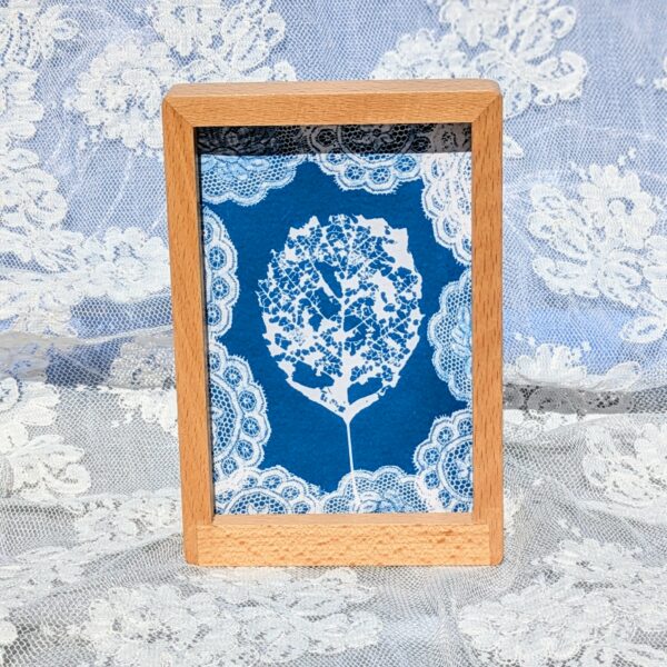 TABLEAU DECORATION INTERIEURE CYANOTYPE UNIQUE BLEU FEUILLE ET DENTELLE FRANCE