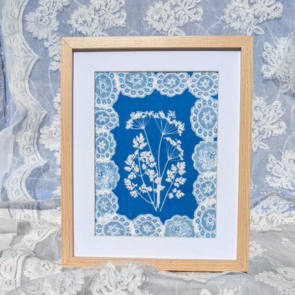 TABLEAU DECORATION INTERIEURE CYANOTYPE UNIQUE BLEU PLANTE DENTELLE
