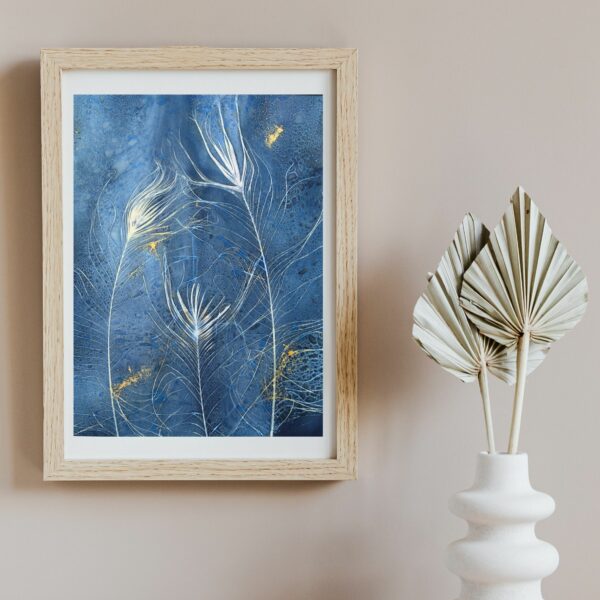 TABLEAU, CYANOTYPE HUMIDE, PLUMES DE PAON, CADEAU FEMME, DECORATION INTERIEURE